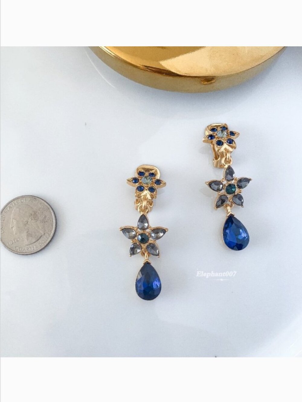 Oscar de la Renta Blue Crystal Floral Drop Earrings Gold Tone Statement - Picture 3 of 3